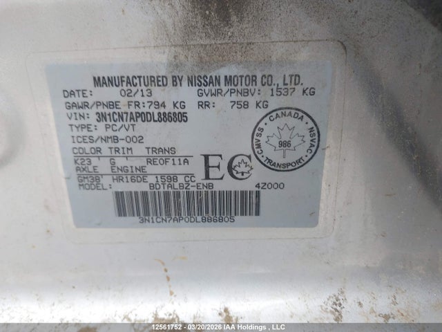 Продаж на аукціоні авто 2013 Nissan Versa 1.6 S/1.6 Sl/1.6 Sv, vin: 3N1CN7AP0DL886805, номер лоту: 12561752