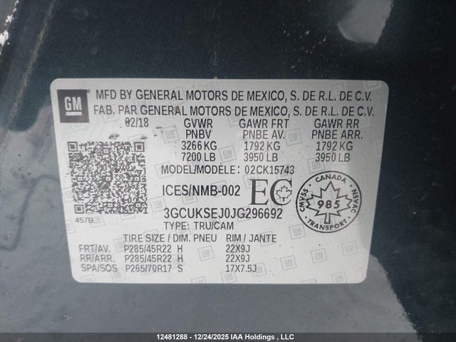 3GCUKSEJ0JG296692 Chevrolet Silverado 1500 2lz