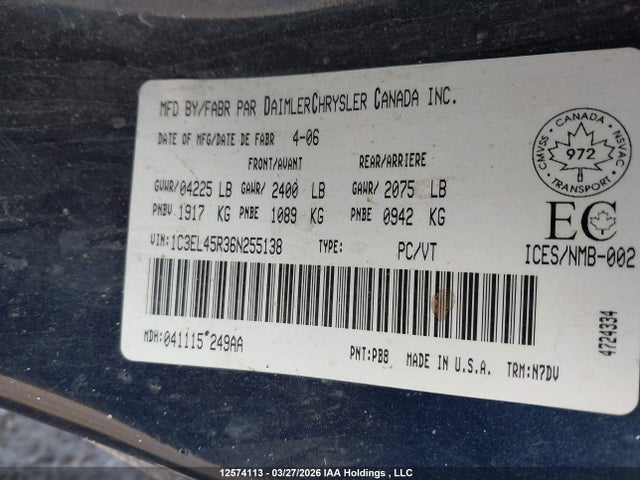 Aukcja sprzedaży 2006 Chrysler Sebring, vin: 1C3EL45R36N255138, numer aukcji: 12574113