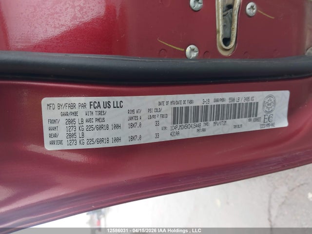 12586031 :رقم المزاد ، 1C4PJMDX5KD415448 vin ، 2019 Jeep Cherokee Limited مزاد بيع