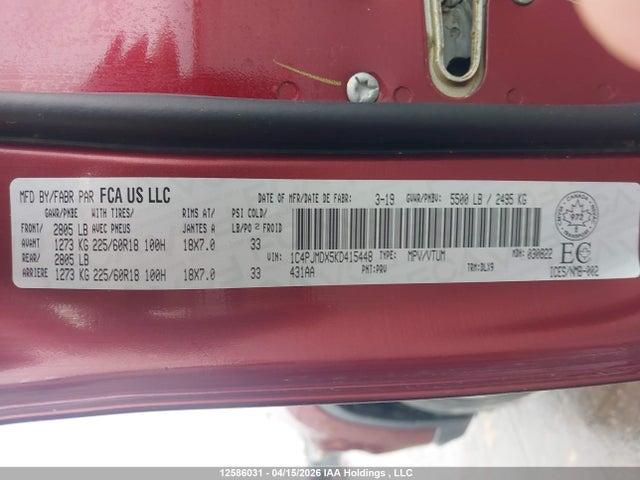 12586031 :رقم المزاد ، 1C4PJMDX5KD415448 vin ، 2019 Jeep Cherokee Limited مزاد بيع