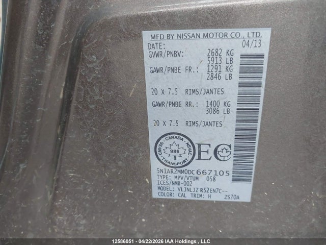 12586051 :رقم المزاد ، 5N1AR2MM0DC667105 vin ، 2013 Nissan Pathfinder Platinum/s/sl/sv مزاد بيع