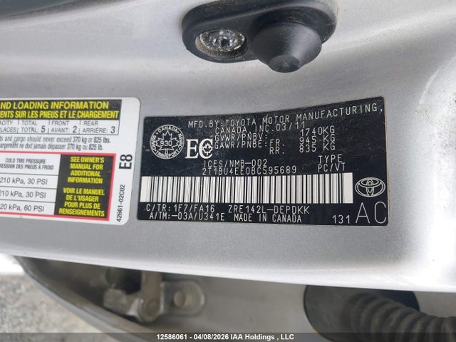 2011 Toyota Corolla S/le მანქანა იყიდება აუქციონზე, vin: 2T1BU4EE0BC595689, აუქციონის ნომერი: 12586061