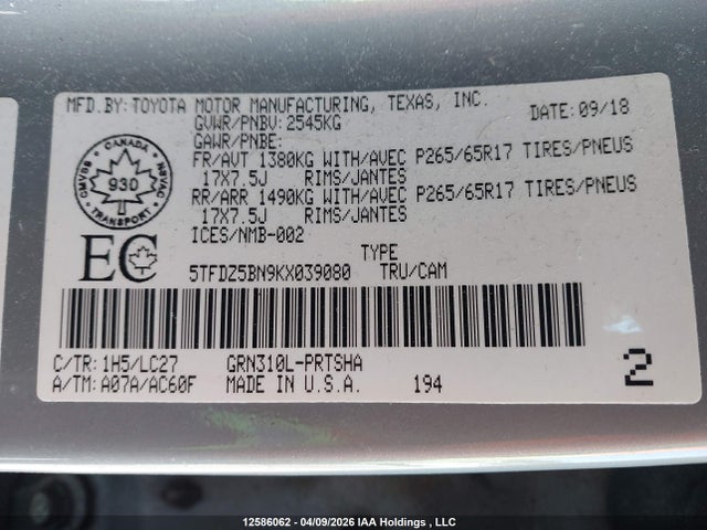 5TFDZ5BN9KX039080 Toyota Tacoma Sr5 V6