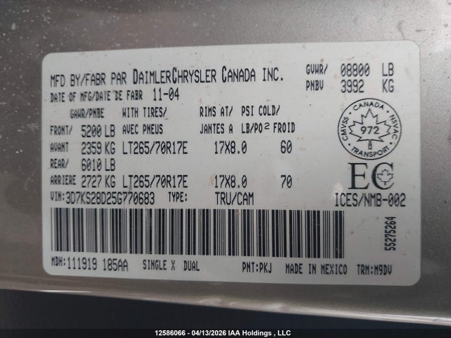 Aukcja sprzedaży 2005 Dodge Ram 2500 St/slt, vin: 3D7KS28D25G770683, numer aukcji: 12586066