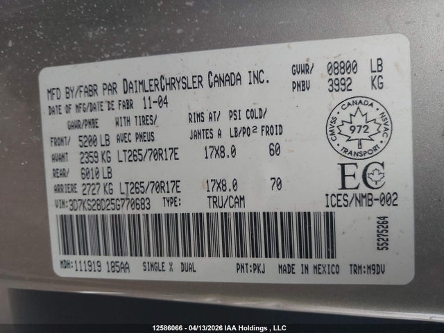 Aukcja sprzedaży 2005 Dodge Ram 2500 St/slt, vin: 3D7KS28D25G770683, numer aukcji: 12586066