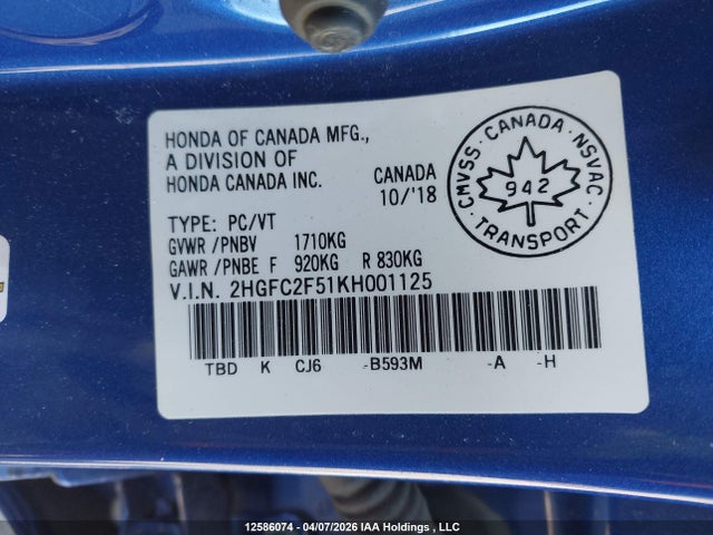 2HGFC2F51KH001125 Honda Civic Lx