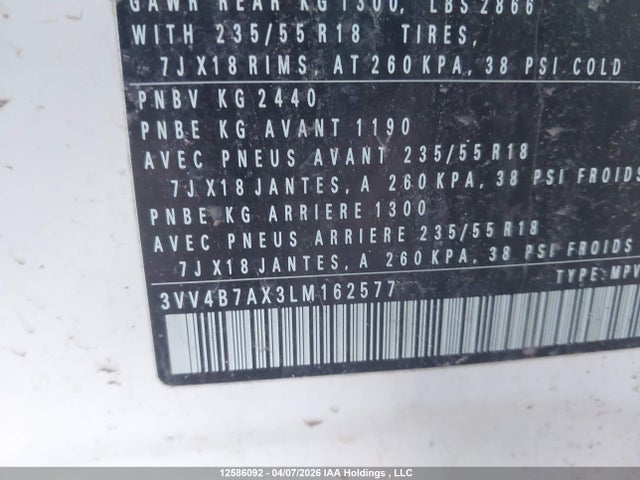 12586092 :رقم المزاد ، 3VV4B7AX3LM162577 vin ، 2020 Volkswagen Tiguan Sel Premium R-line مزاد بيع