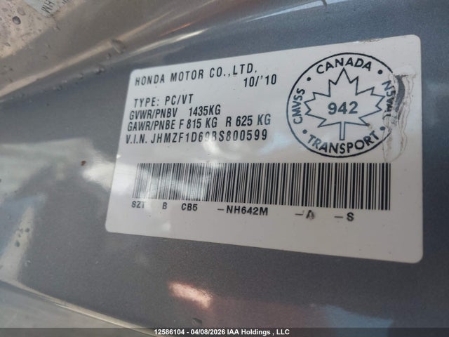 Aukcja sprzedaży 2011 Honda Cr-z, vin: JHMZF1D69BS800599, numer aukcji: 12586104
