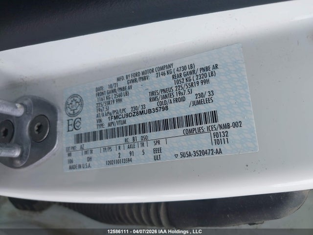 2021 Ford Escape Titanium Hybrid მანქანა იყიდება აუქციონზე, vin: 1FMCU9DZ8MUB35798, აუქციონის ნომერი: 12586111