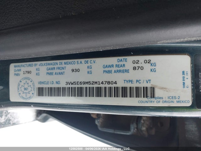 12582588 :رقم المزاد ، 3VWSE69M52M147804 vin ، 2002 Volkswagen Jetta Gls 1.8l مزاد بيع