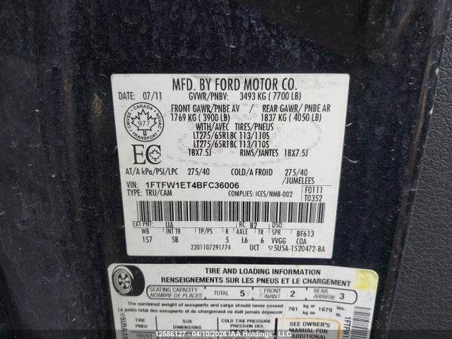 Продажа на аукционе авто 2011 Ford F-150 Fx4, vin: 1FTFW1ET4BFC36006, номер лота: 12586127
