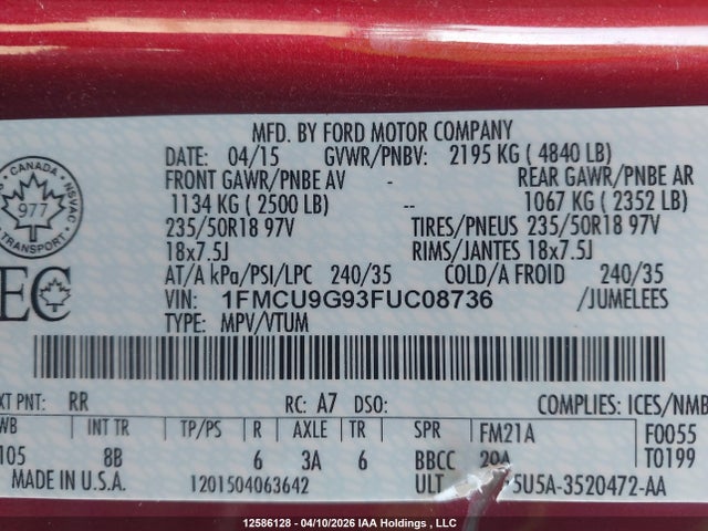 1FMCU9G93FUC08736 Ford ESCAPE SE