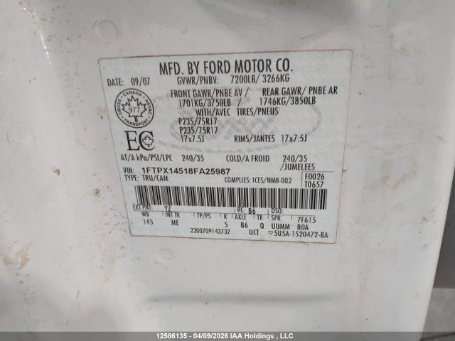 2008 Ford F150 Xlt მანქანა იყიდება აუქციონზე, vin: 1FTPX14518FA25987, აუქციონის ნომერი: 12586135