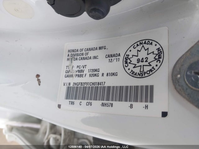 Продажа на аукционе авто 2012 Honda Civic Ex-l, vin: 2HGFB2F91CH018417, номер лота: 12586140