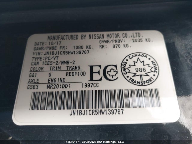 JN1BJ1CR5HW139767 Nissan Qashqai S/sl/sv