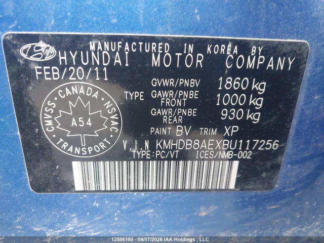 Продаж на аукціоні авто 2011 Hyundai Elantra Touring Gl, vin: KMHDB8AEXBU117256, номер лоту: 12586160