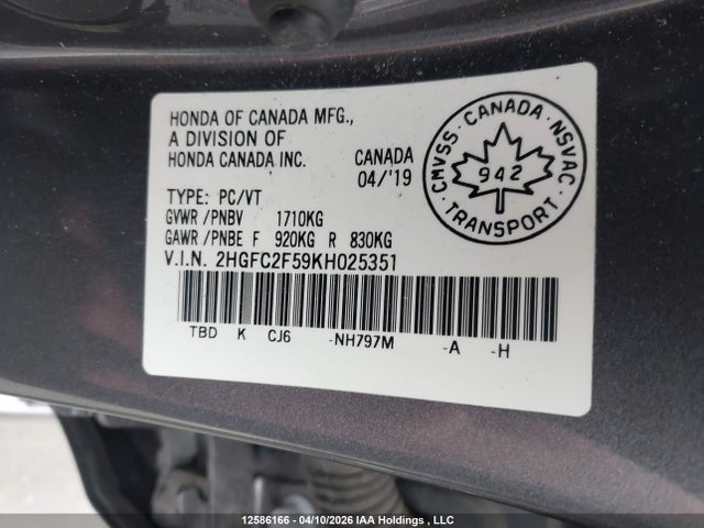 Aukcja sprzedaży 2019 Honda Civic Lx, vin: 2HGFC2F59KH025351, numer aukcji: 12586166