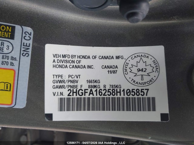 Aukcja sprzedaży 2008 Honda Civic Dx, vin: 2HGFA16258H105857, numer aukcji: 12586171