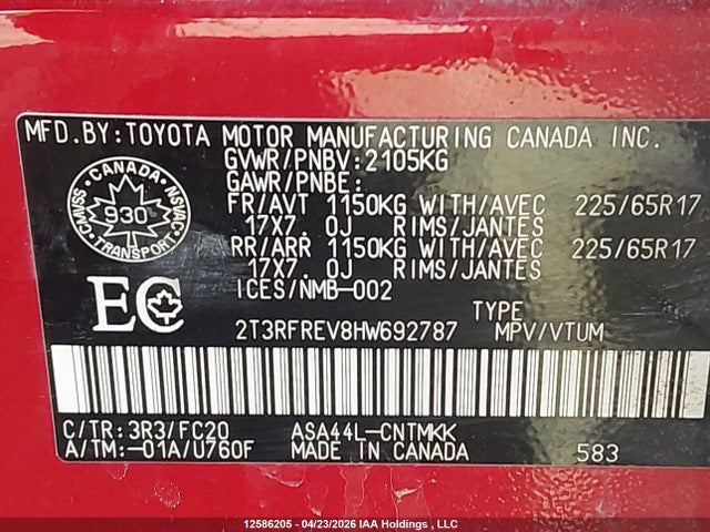 12586205 :رقم المزاد ، 2T3RFREV8HW692787 vin ، 2017 Toyota Rav4 Xle مزاد بيع