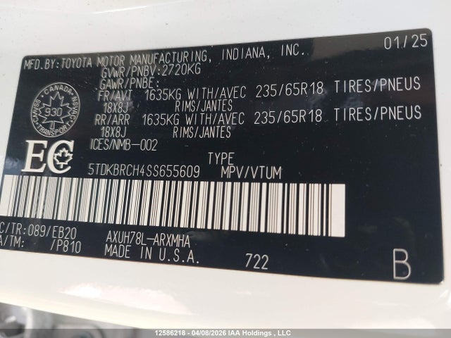 Продаж на аукціоні авто 2025 Toyota Highlander Hybrid Xle/hybrid Xle Nightshade/hybrid Limited/hybrid Platinum/hybrid Limited 25th Ed, vin: 5TDKBRCH4SS655609, номер лоту: 12586218
