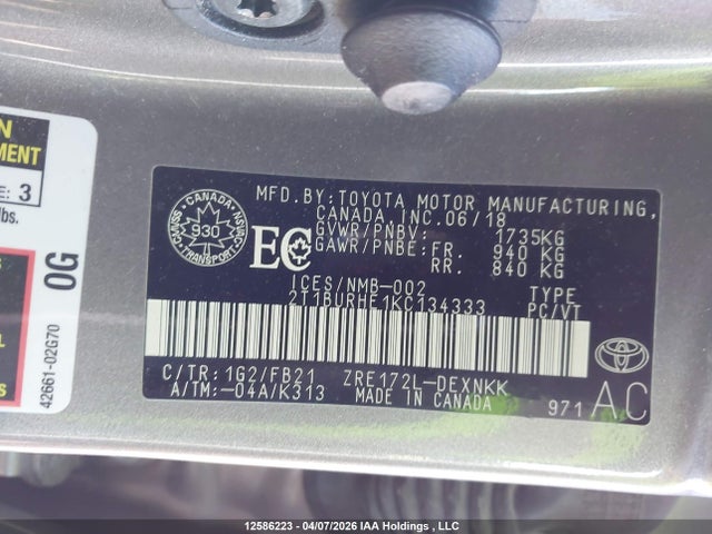 12586223 :رقم المزاد ، 2T1BURHE1KC134333 vin ، 2019 Toyota Corolla Le مزاد بيع