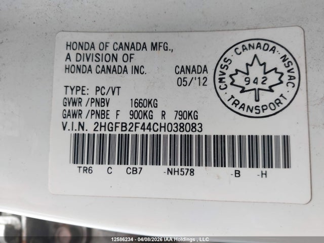 Aukcja sprzedaży 2012 Honda Civic Lx, vin: 2HGFB2F44CH038083, numer aukcji: 12586234