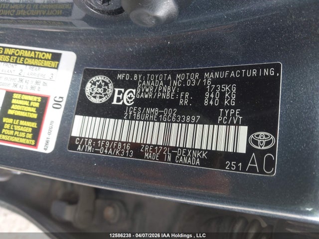2T1BURHE1GC633897 Toyota COROLLA LE