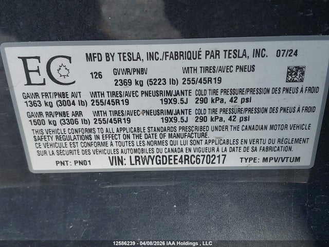 Tesla Model Y Long Range 2024 LRWYGDEE4RC670217 Image 9