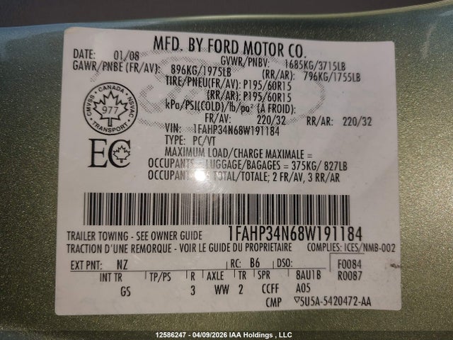 Aukcja sprzedaży 2008 Ford Focus S/se, vin: 1FAHP34N68W191184, numer aukcji: 12586247