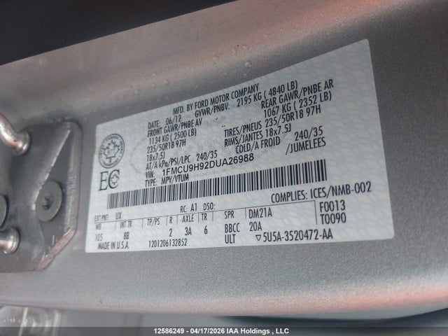 2013 Ford Escape მანქანა იყიდება აუქციონზე, vin: 1FMCU9H92DUA26988, აუქციონის ნომერი: 12586249