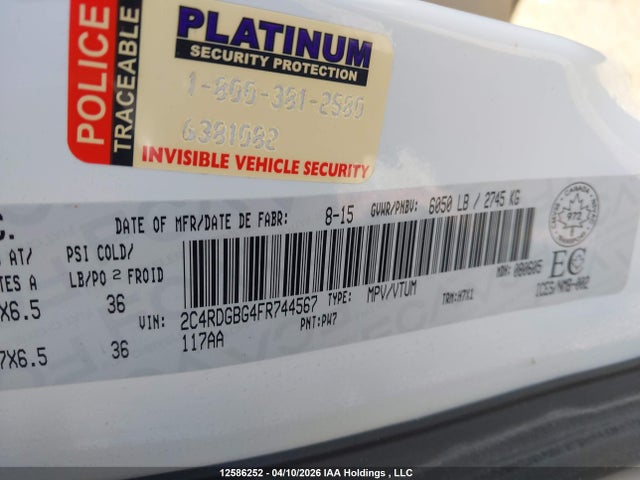 2015 Dodge Grand Caravan Se მანქანა იყიდება აუქციონზე, vin: 2C4RDGBG4FR744567, აუქციონის ნომერი: 12586252