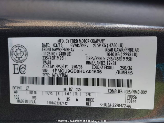 1FMCU9GD8HUA01606 Ford ESCAPE SE