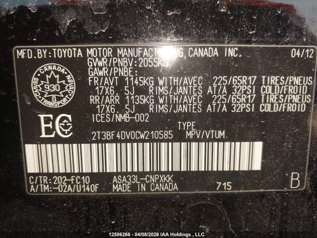 2012 Toyota Rav4 მანქანა იყიდება აუქციონზე, vin: 2T3BF4DV0CW210585, აუქციონის ნომერი: 12586266