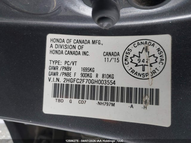 Aukcja sprzedaży 2016 Honda Civic Ex, vin: 2HGFC2F70GH003554, numer aukcji: 12586275
