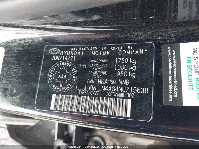 12586281 :رقم المزاد ، KMHLM4AG4NU215638 vin ، 2022 Hyundai Elantra Preferred Ivt مزاد بيع