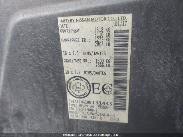 5N1AZ2MG1HN131445 Nissan Murano S/sl/sv/platinum