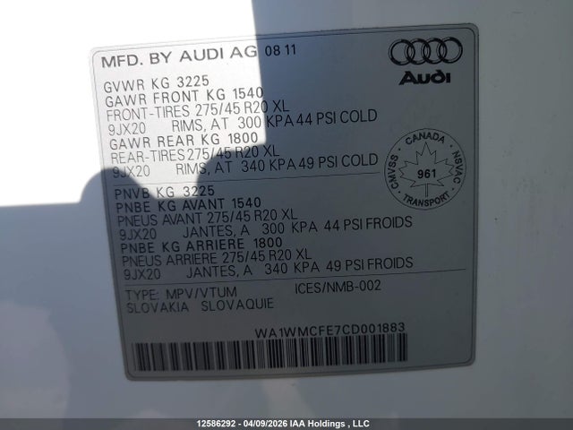 2012 Audi Q7 Prestige მანქანა იყიდება აუქციონზე, vin: WA1WMCFE7CD001883, აუქციონის ნომერი: 12586292