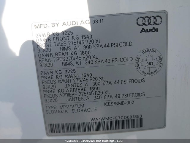 2012 Audi Q7 Prestige მანქანა იყიდება აუქციონზე, vin: WA1WMCFE7CD001883, აუქციონის ნომერი: 12586292