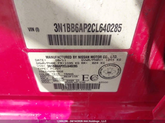 12586296 :رقم المزاد ، 3N1BB6AP2CL640285 vin ، 2012 Nissan Sentra Se-r مزاد بيع