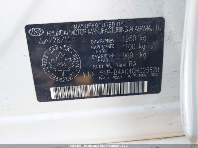 Aukcja sprzedaży 2012 Hyundai Sonata Gls, vin: 5NPEB4AC4CH325628, numer aukcji: 12586298