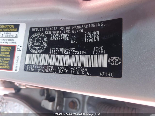 2016 Toyota Camry Se მანქანა იყიდება აუქციონზე, vin: 4T1BF1FK9GU223464, აუქციონის ნომერი: 12586301