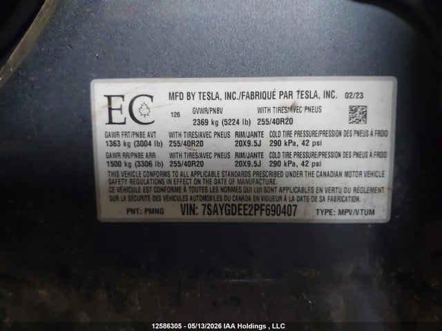 Tesla Model Y Long Range 2023 7SAYGDEE2PF690407 Image 9