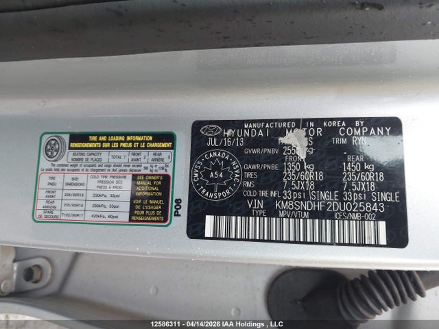 2013 Hyundai Santa Fe Xl Premium მანქანა იყიდება აუქციონზე, vin: KM8SNDHF2DU025843, აუქციონის ნომერი: 12586311