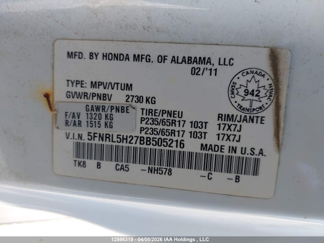 Aukcja sprzedaży 2011 Honda Odyssey Lx, vin: 5FNRL5H27BB505216, numer aukcji: 12586315
