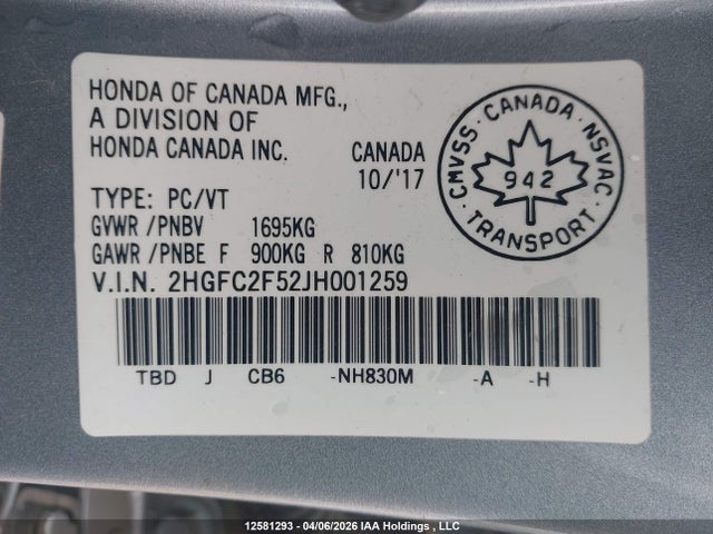 Aukcja sprzedaży 2018 Honda Civic Lx, vin: 2HGFC2F52JH001259, numer aukcji: 12581293