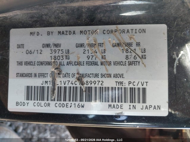 12586353 :رقم المزاد ، JM1BL1V74C1689972 vin ، 2012 Mazda Mazda3 Gs-sky مزاد بيع