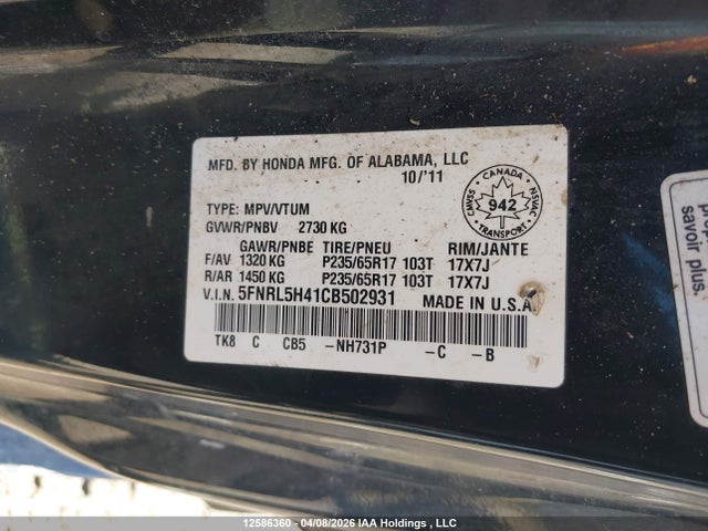 2012 Honda Odyssey Ex მანქანა იყიდება აუქციონზე, vin: 5FNRL5H41CB502931, აუქციონის ნომერი: 12586360