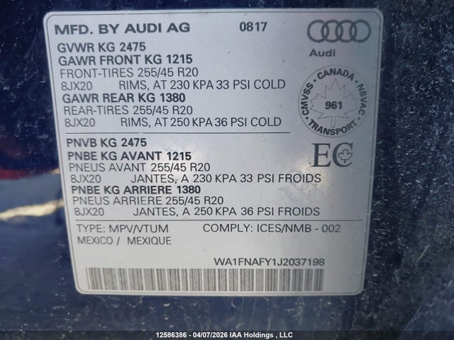 Aukcja sprzedaży 2018 Audi Q5 Technik S-line, vin: WA1FNAFY1J2037198, numer aukcji: 12586386
