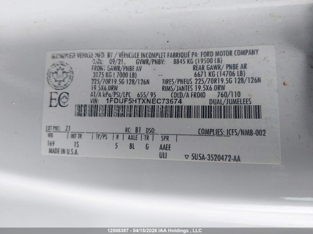 Продажа на аукционе авто 2022 Ford F-550 Chassis Xl, vin: 1FDUF5HTXNEC73674, номер лота: 12586387